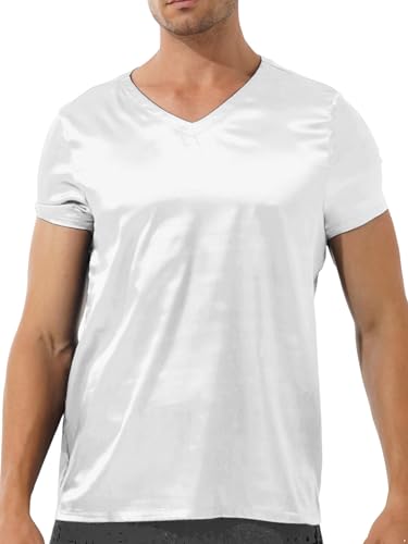 Men's Satin Short Sleeve Pullover Shirt Silky V Neck Blouse Tank Top Tee Pajamas Loungewear