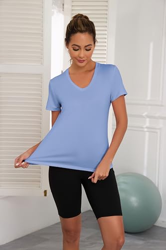 KevaMolly Blue Workout Tops for Women V Neck UPF50+ Breathable Loose Fit Yoga T Shirts Short Sleeve Running Gym Athletic Tee Top XXL - Image 2