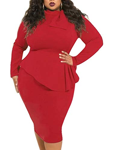SEMATOMALA Women’s Tie Bowknot Neck Long Sleeve Peplum Knee Length Party Office Business Bodycon Plus Size Dress2