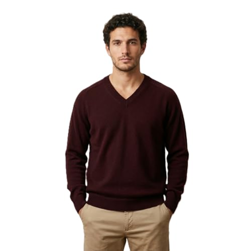 NPIA Certified Original 100% Pure Cashmere V-Neck Sweater Men | 2-Ply 16 Micron Fine Knit | Lightweight Luxury Pullover (US Alpha Medium Regular Regular Wine Red)