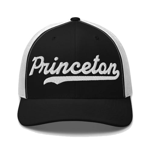 Princeton Hat Princeton Trucker Hat Baseball Script Embroidered Cap Vintage Sports Swoosh Gift Souvenir Headwear Black/White