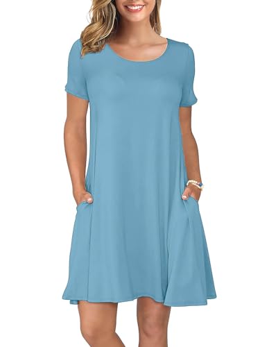Image of KORSIS Summer Women's Dress Casual T-Shirt Short Sleeve Dresses Swing Flowy Beach Vacation Work Sundress with Pockets