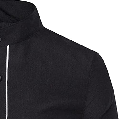 Men's Fashion Solid Color Patched Long-Sleeved Shirt Regular Fit Collarless Shirt Casual Classic Dress Shirt3