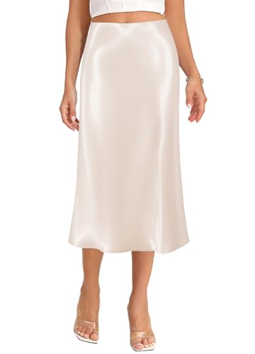 jascaela Womens Satin Silk Skirt High Waist Side Slit Skirt Casual A Line Midi Skirts