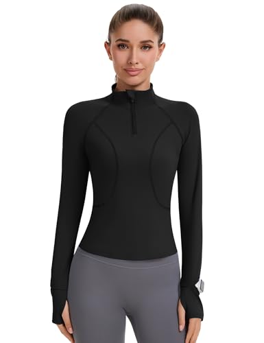 Avoogue Womens Long Sleeve Workout Tops Quick Dry Quarter Zip Pullover Crop Slim Fit Althletic Golf Shirts with Thumb Holes4