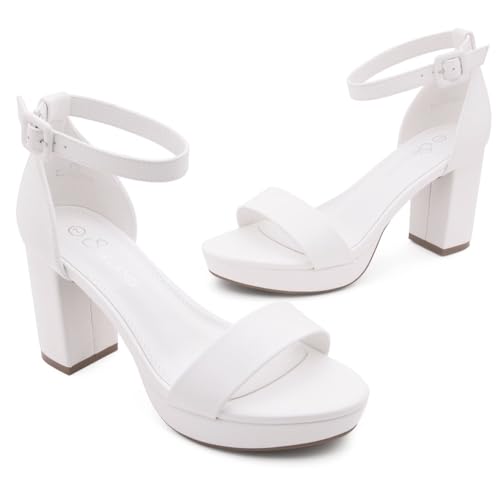 Image of Shoe Land Platform Heels for Women | 3.75 Inch Chunky Block Heeled Sandals with Ankle Strap | Open Toe Strappy High Heels for Wedding, Party & Formal Events