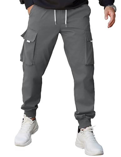 COOFANDY Cargo Joggers Mens Cargo Pants Drawstring Twill Tapered Jogger Pants with Multi Pockets, Dark Gray, 38W