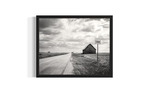 Iowa Vintage Black and White Wall Art Print Poster, State Painting Photo Artwork Wall Decor Nature Landscape Bedroom Bathroom Living Room 164B (Iowa Vintage Black and White, 16 x 20 inches, Black Frame)