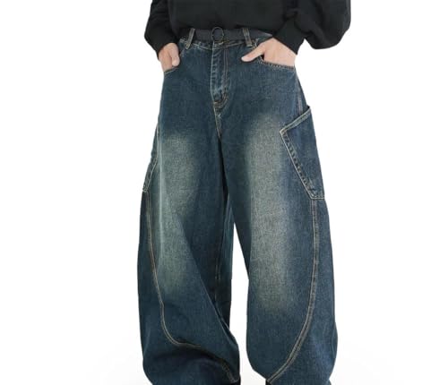 Men Loose Fit Washed Denim Pants with Large Pockets Summer Vintage High Waist Trousers2