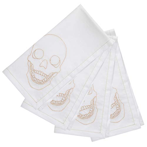 🔥 Flash Sale Thomas Fuchs Creative Ivory on White 100% Cotton Cloth Napkins, Embroidered Skull Pattern, Set of 4, Whimsical Designs, 20 x 20 Inch, Super Absorbent, Mitered Corners and Straight Seamed Edges