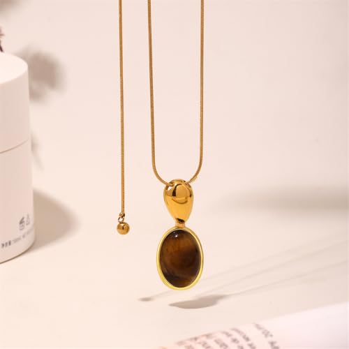 Geometry Oval Stone Pendant Necklace for Women Long Slip Chain Necklaces Tiger Eye Stone Stainless Steel Adjustable Link Chains Fashion Jewelry3