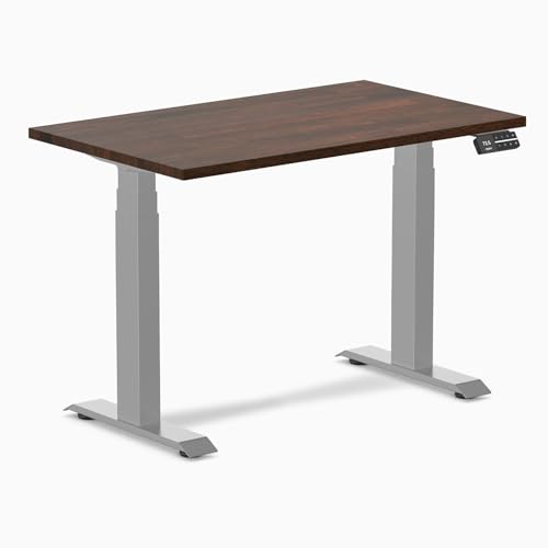 Image of Desky Small Electric Standing Desk, 40 x 24 inches Rubberwood Height Adjustable Sit Stand Desk with Dual Motor and Memory Presets, Compact Home Office Workstation - Dark Walnut Wood Top