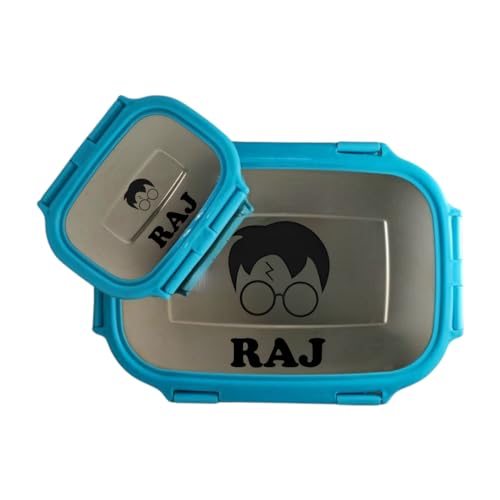 Image of ncgifts Personalized Tiffin | Customized Lunch Box | Personalized Stainless Steel Tiffin Box | Your Child's Name and Favourite Character Engraved | for Scholl Students and Return Gift (Sky)
