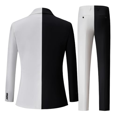 Mens Suits, 2 Piece Black and White Color Matching Breasted 1 Button Slim Fit Dress Business Casual Tuxedo Jacket Host Singer Clothing, Jackets Trousers,S,White2