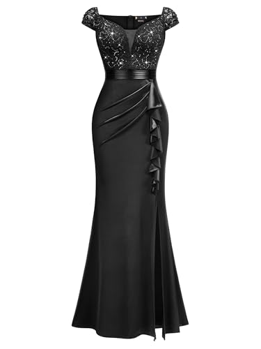 Image of Miusol Women's Vintage V-Neck Slim Ruffle Split Evening Formal Maxi Dress