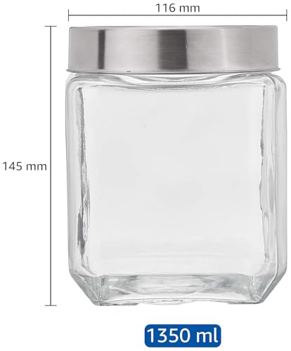 Image of CROCO JAR Square Glass Storage Containers 1350ml | Transparent Airtight Kitchen Jars with Steel Lid | Cubical Glass Jars for Pantry, Snacks, Dry Fruits, Masala, Pickle & Coffee Beans | Pack of 2