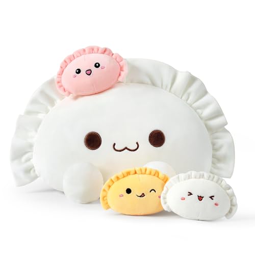 Ditucu Cute Pierogi Pillow Dumpling Plush Mommy 14 inch with 3 Littles 4 inch Family Food Shaped Stuffed Animal Plushies Toys Gifts for Kids