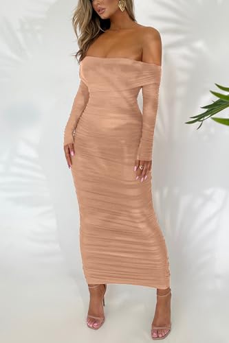 PRETTYGARDEN Women's Fall Off The Shoulder Maxi Dress Spring Long Sleeve Ruched Fitted Bodycon Club Dresses with Slit