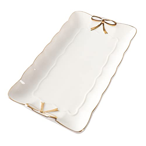 IMIKEYA Plat à Bijoux En Céramique Blanche à Bordure En Dentelle Dorée, Plateau Décoratif Multifonction, Support De Rangement Pour Bijoux Et Plateau à Dessert, Table à Manger Comptoir