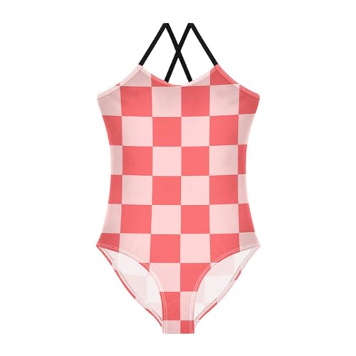Image of Black and White Chess Girls One Piece Swimsuits Board Marble Tile Sport Halter Swimwear Beach Bathing Suit 3T
