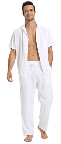 RPOVIG Linen Shirt Pants Outfits:Men's Linen Sets 2 Piece Short Sleeve Shirts Yoga Pants Beach Wedding Suits2