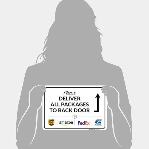 Image of Package Delivery Sign, Delivery Instructions Please All Package to Back Door Sign, 10x7 Inches, 4 Mil Vinyl Decal Stickers Weather Resistant, Made in USA