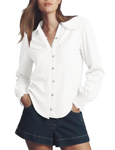 LOMON 100% Cotton Blouses for Women Button Down Shirts Cute Collared Shirt Casual Long Sleeve Tops Work Clothes