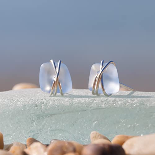 Sea Glass Earrings S990 Sterling Silver Hypoallergenic Handmade Stud Post Earrings Beach Glass Fashion Statement Handcraft Jewelry For Women Girls, 8Mm Light Blue #TOP1