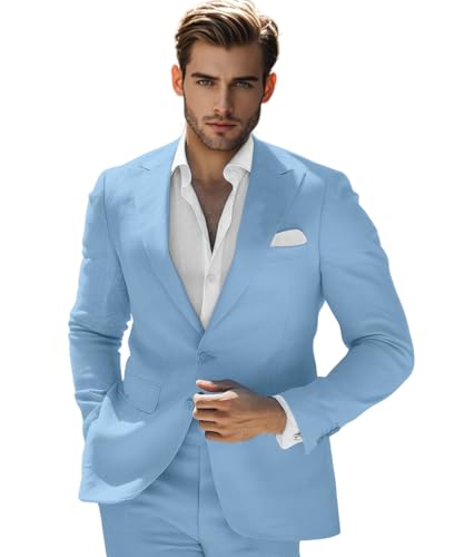 Linen Suits for Men 2 Piece Men's Linen Suit Set Jacket Pants for Summer Beach Wedding Prom Casual Bussiness,Sky Blue,XL