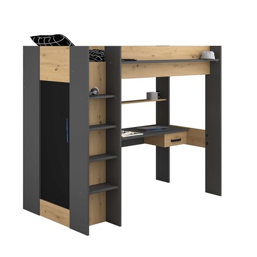 Miroytengo Cama Alta High con Armario y Escritorio en Color Roble Artisan y Gris Oscuro 90x200 cm