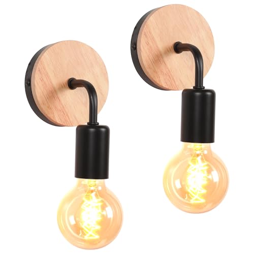 WOTTES 2 piezas Apliques de pared retro estilo industrial Lámpara hierro madera E27 Iluminación Aplique interiores para dormitorio, Salón, Escaleras y Pasillo