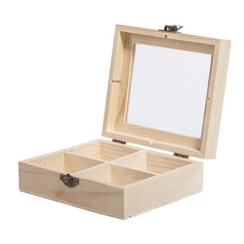 木製ティーバッグ収納ボックス容器ガラストップ付き15x13x5 cm 4セクション, ベージュ