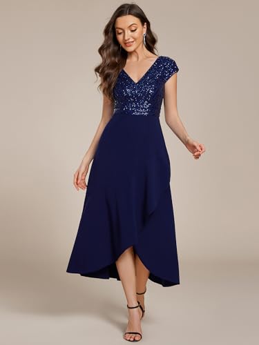 Image of Ever-Pretty Women's Elegant V Neck Sequin Short Sleeve Hi-Lo Tea Length Evening Gowns 02325