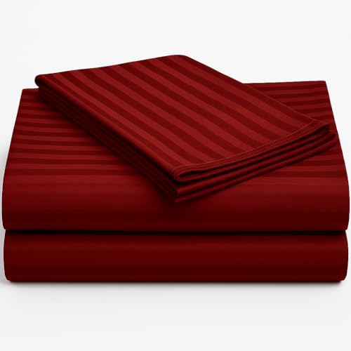 Exotic Linen Queen Size Sheets Set - 4 Piece Set - Hotel Luxury Bed Sheets - Extra Soft - 15" Deep Pockets - Easy Fit - Breathable & Cooling - Comfy -Burgundy Stripe - 100% Cotton Sheets - 4 PC