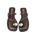 Women's leather strappy flat metal toe ring sandals fashionable square open toe low block heel slip-on Clip Toe Slide Sandals Casual Summer Beach slipper (brown, Adult, Women, 7, Numeric, US Footwear Size System, Medium)