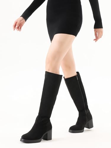 Image of Shoe'N Tale Platform Knee High Boots for Women Block Chunky Heel Round Toe Side Zipper Tall Boots
