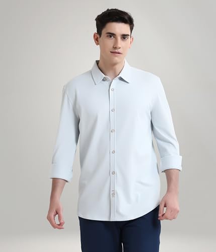 Image of TURMS Men's Solid Knitted Shirts, Odor Control, Stretchable & Breathable, Cotton Blend, Tailored Fit, Full Sleeve