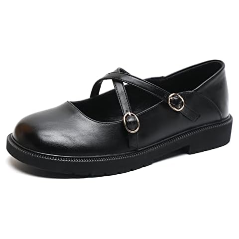 Women's Mary Jane Shoes Leather Shoes Casual Low Heel Shoes Ladies Uniform Dress Shoes Black Size 4uk Cover