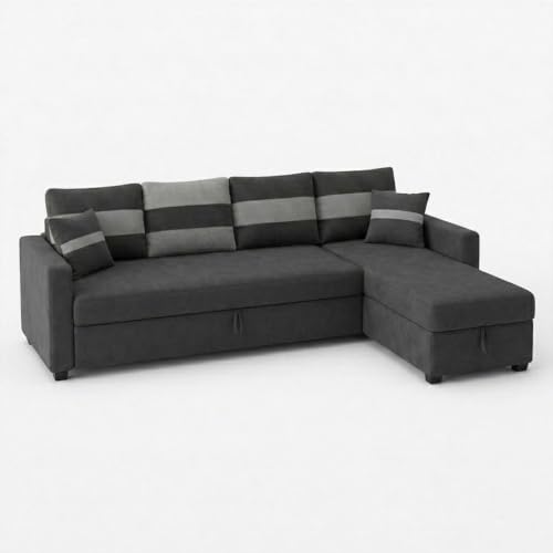 Image of CASASTYLE Sumur 6 Person Seating RHS L Shape Sofawith Pull Out Bed & Storage Lounger | Premium Soft Velvet Suede Fabric | Comfort Cushions | Ideal for Living Room, Hotel & Office (Dark Grey)