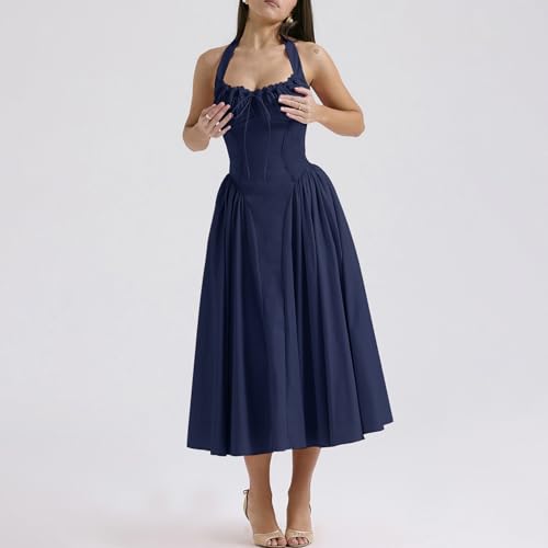 Image of Women Floral Corset Dress Halter Neck Low Cut Bustier Lace Midi Dress Flowy Pleated Hem Long Sundress with Pockets