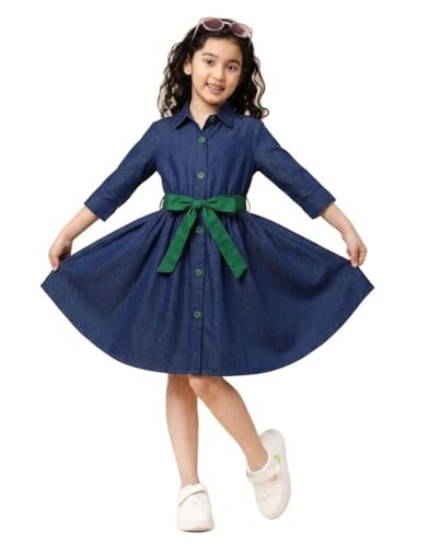 Image of A.T.U.N. (ALL THINGS UBER NICE) Girls 100% Cotton Shirt Dress with Belt | Button-Down Dress with Collar Neck | Soft Breathable Kids Outfit for Girls