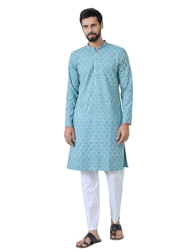 Image of See Designs Men's Full Sleeve Mandarin Collar Men Embroidered Straight Long Kurta with Pyjama - Festive Collection