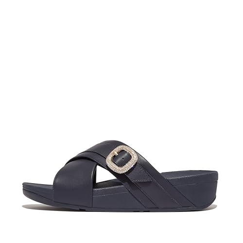Image of FitFlop Lulu Crystal-Buckle Leather Cross Slides