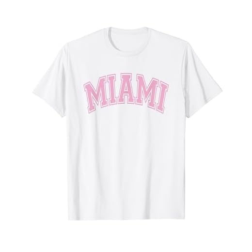 Miami Varsity Style White with Pink Text T-Shirt