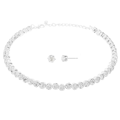 QEXUJOW Collares para mujer Gargantilla de diamantes de imitación Gargantilla de oro blanco con diamantes de imitación y collar brillante para mujer, collar de plata de tamaño ajustable (juego de 3)