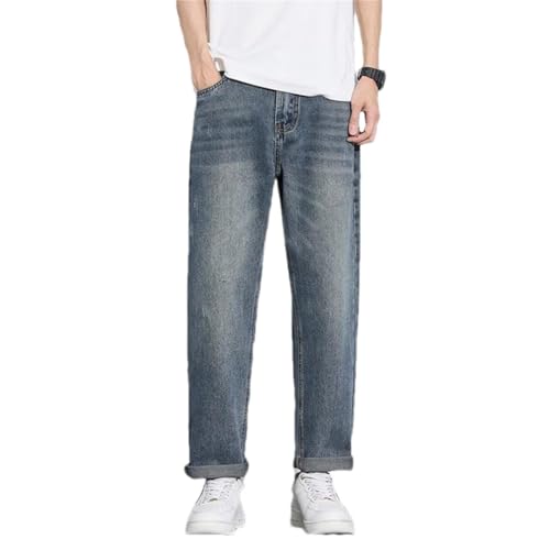 Men's Four Seasons Retro Jeans Slim Fit Straight Tube Denim Pants with Elastic Breathable and Comfortable WAIS
