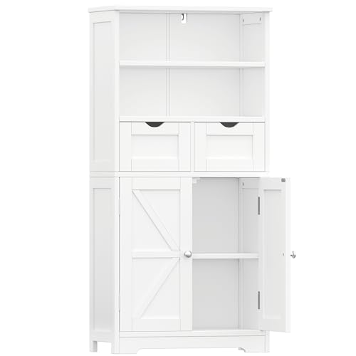 Bathroom Storage Cabinet, Floor Storage Cabinet with 2 Drawers & Doors, Wooden Freestanding Cabinet Organizer with Adjustable Shelf, White KES006WCWG