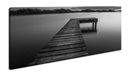 Barco embarcadero panorámico 120 x 60 cm, efecto: negro/blanco como lienzo, diseño enmarcado sobre marco de madera auténtica, impresión digital de alta calidad con marco