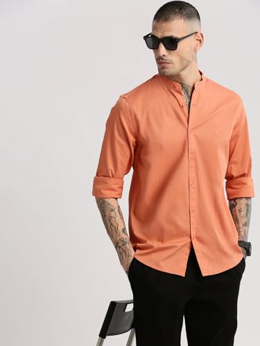 Image of SHOWOFFFF Men Solid Casual Shirt | Mandarin Collar Full Sleeves Cotton Shirt for Mens | Slim Fit Regular Length Shirt for Men's