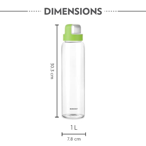 Image of Borosil 1000ml Neo Water Bottle with Green Husk Lid | Borosilicate Glass Wide Mouth Bottle for Fridge | Extreme Temperature Resistant For Hot & Cold Water, Milk, Lassi, Juice | Transparent (2pc)